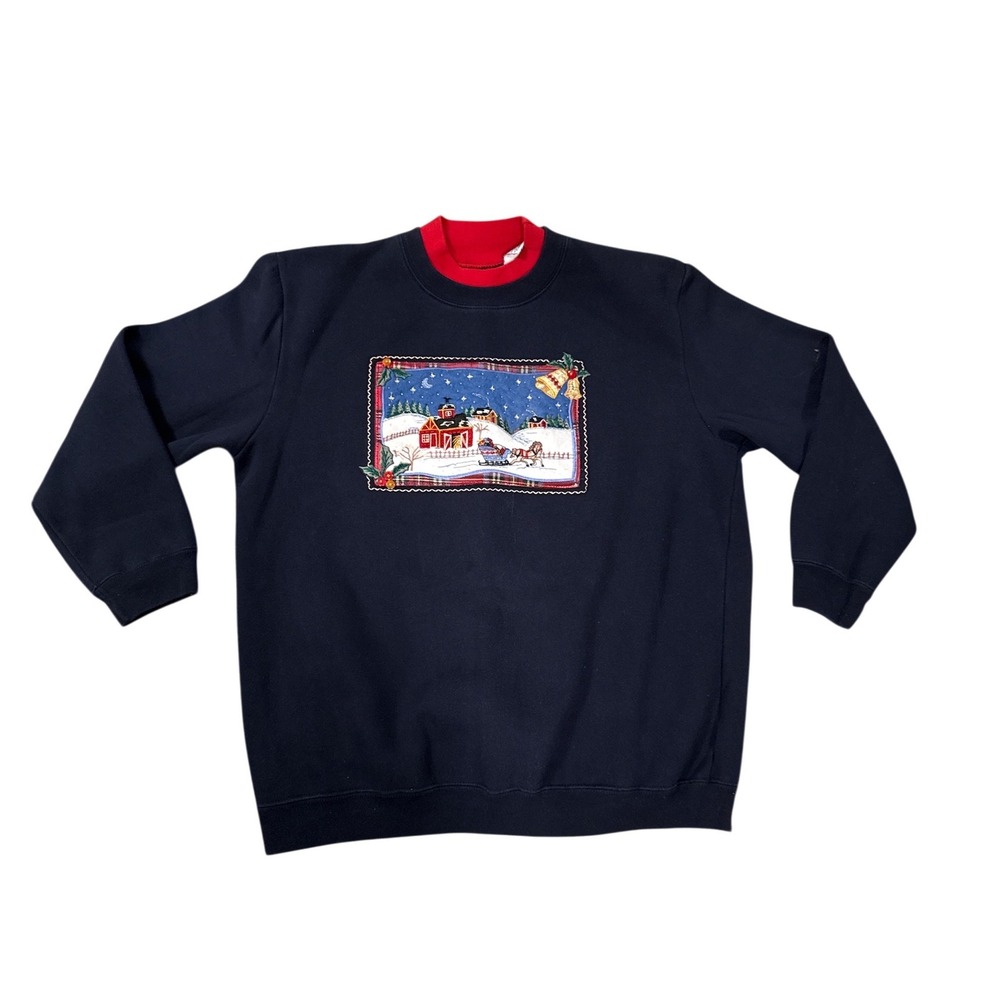 Bobbie Brooks Sweatshirt Womens Large‎ Navy Blue Winter Sleigh Embroidered